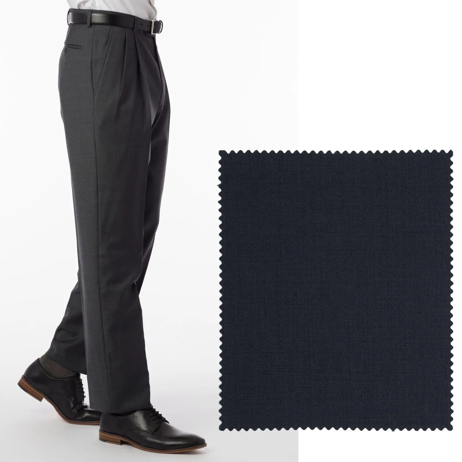 BIG FIT Sharkskin Super 120s Worsted Wool Comfort-EZE Trouser in Navy (Manchester Pleated Model) by Ballin