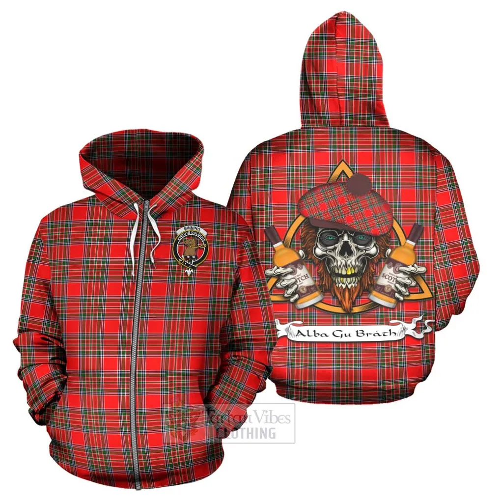 Binning Tartan Hoodie with Family Crest and Bearded Skull Holding Bottles of Whiskey