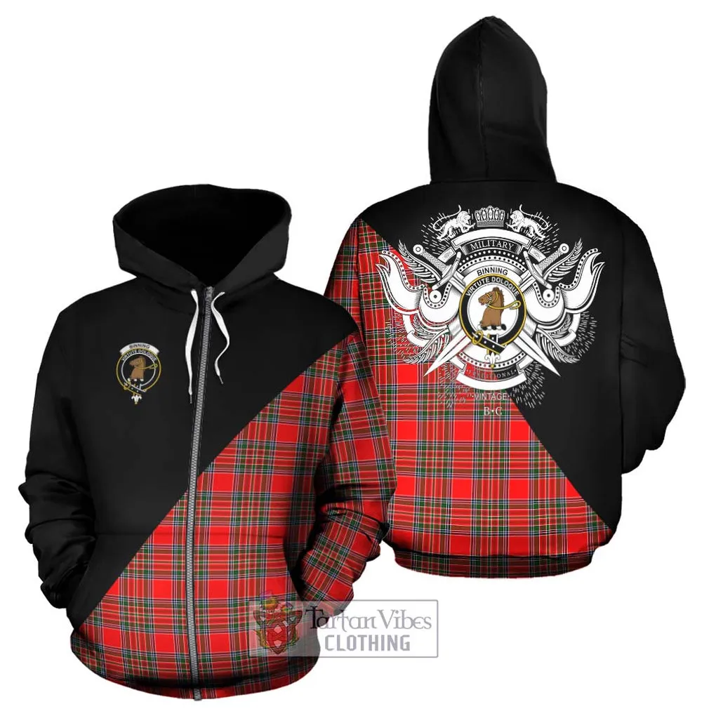 Binning Tartan Hoodie with Family Crest and Military Logo Style