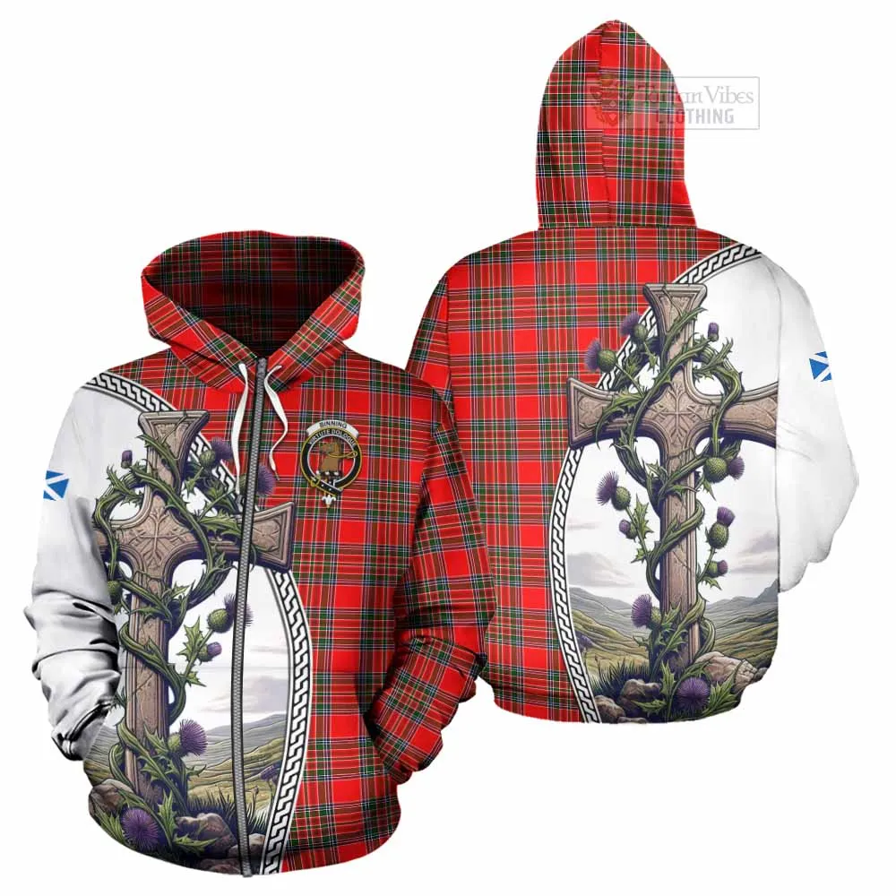 Binning Tartan Hoodie with Family Crest and St. Andrew's Cross Accented by Thistle Vines