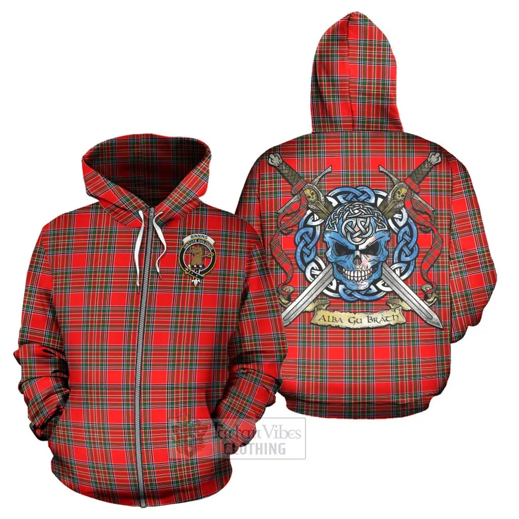 Binning Tartan Hoodie with Family Crest Celtic Skull Style