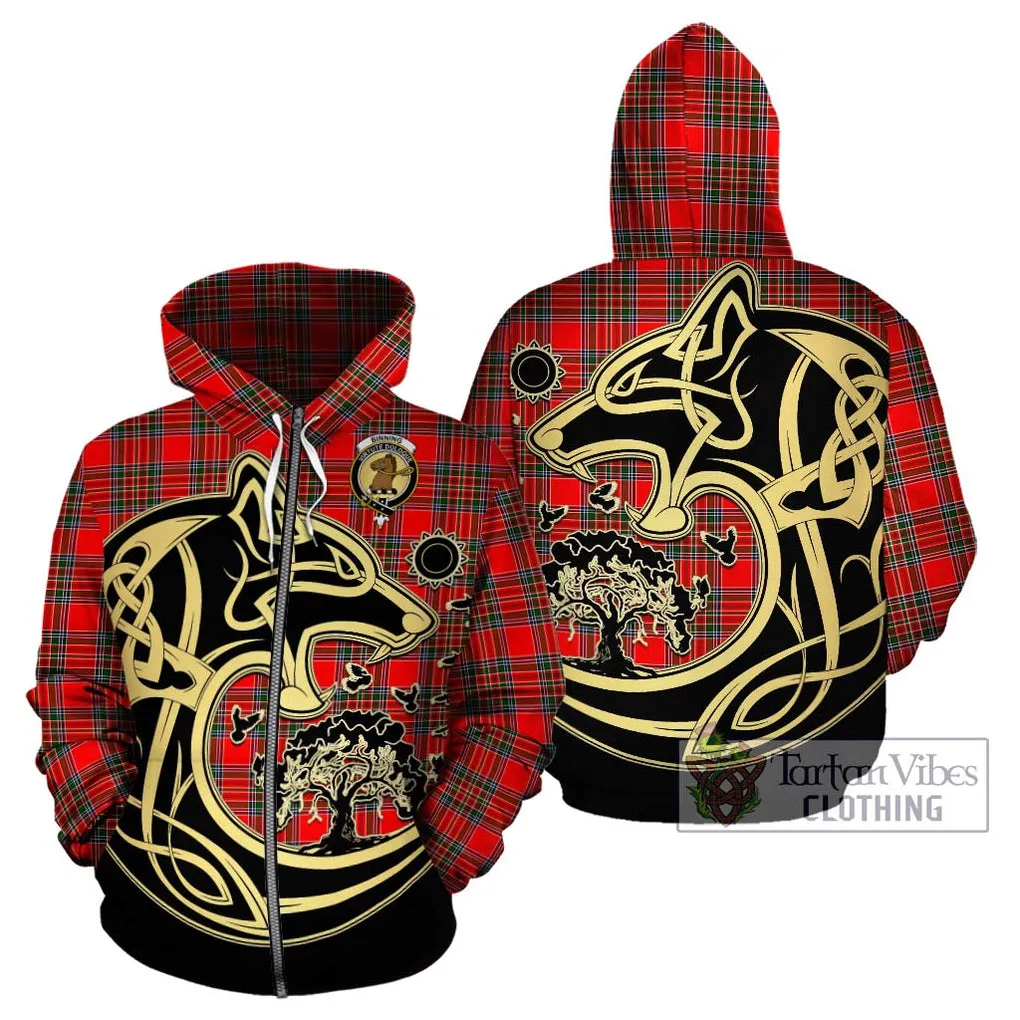 Binning Tartan Hoodie with Family Crest Celtic Wolf Style