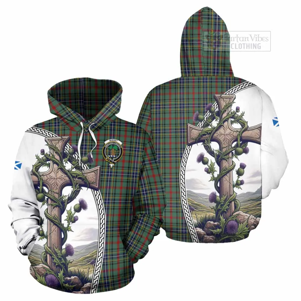 Bisset Tartan Hoodie with Family Crest and St. Andrew's Cross Accented by Thistle Vines