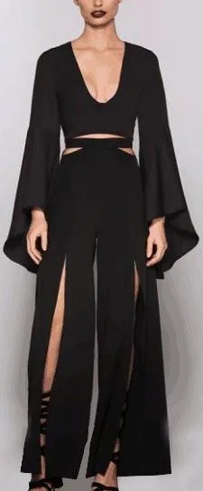 Black Bell-Sleeve Top & Slit Pant Set