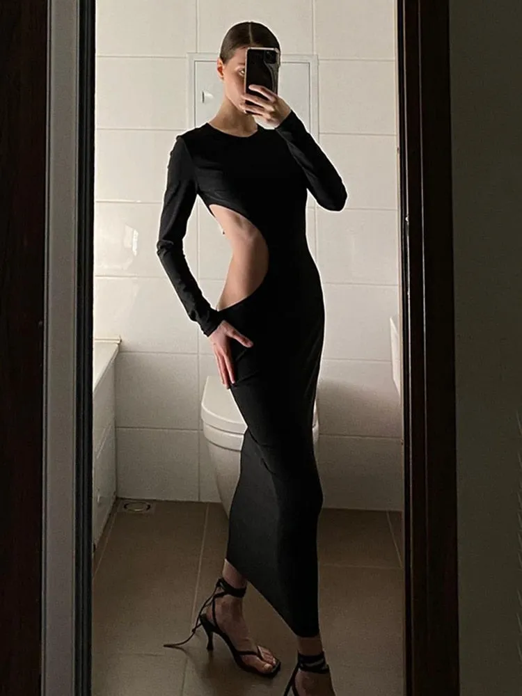 Black Cut Out Open Back Long Sleeve Midi Dress