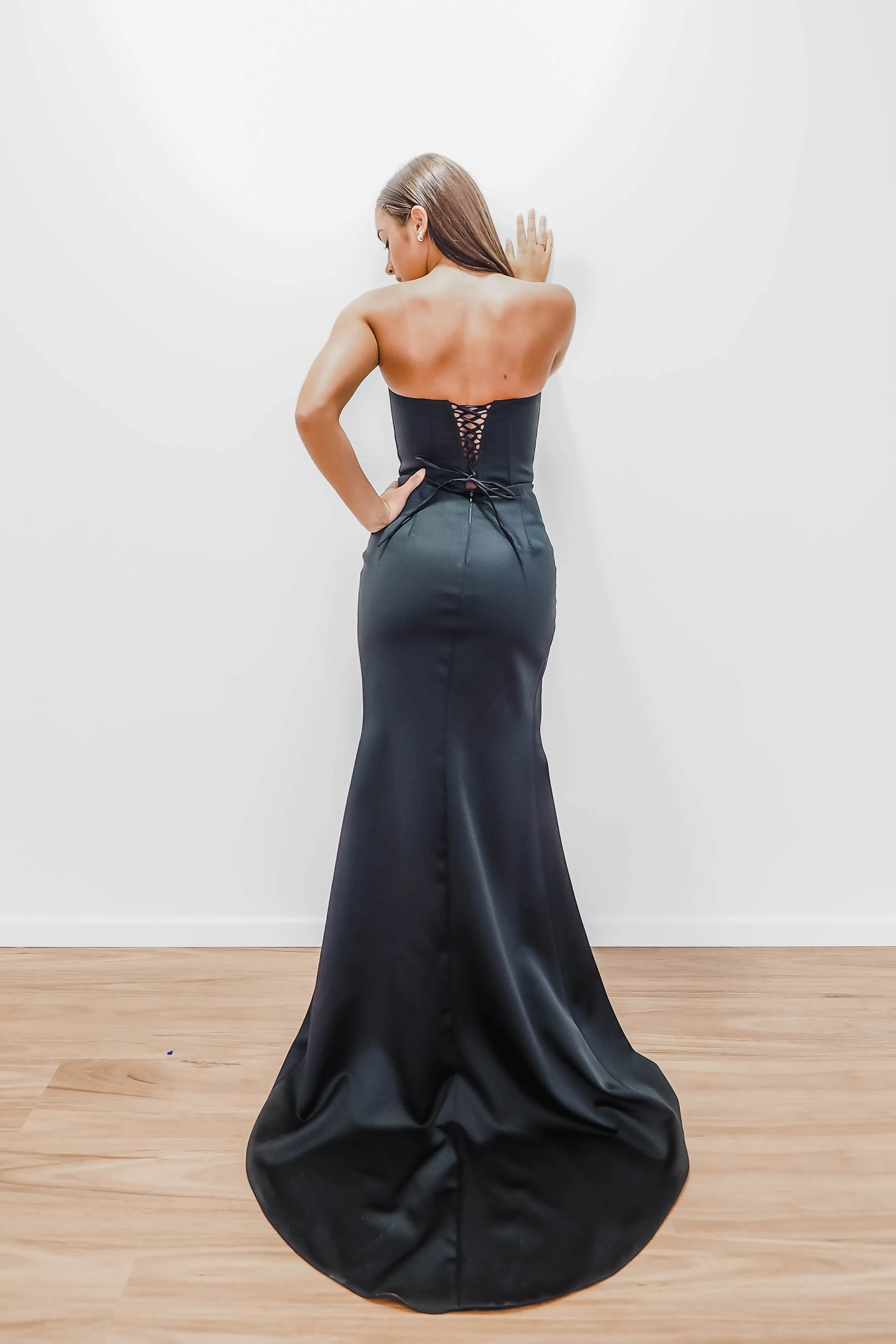 Black Satin with ruching and slit mermaid dress