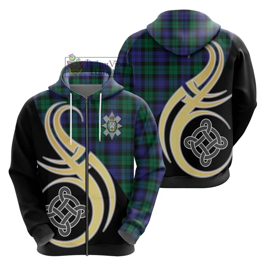 Black Watch Modern Tartan Hoodie with Family Crest and Celtic Symbol Style