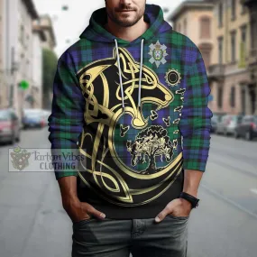 Black Watch Modern Tartan Hoodie with Family Crest Celtic Wolf Style