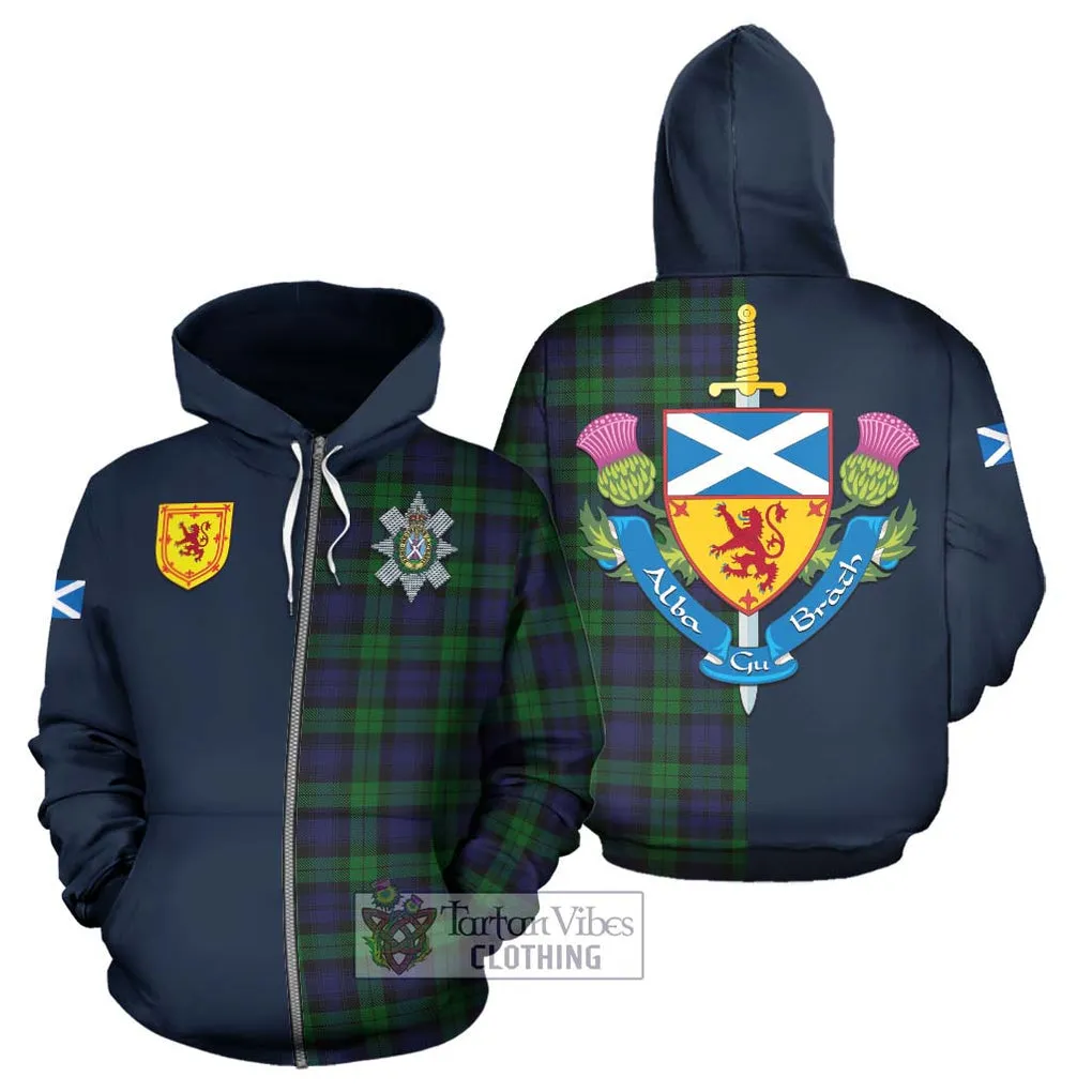 Black Watch Tartan Hoodie Alba with Scottish Lion Royal Arm Half Style