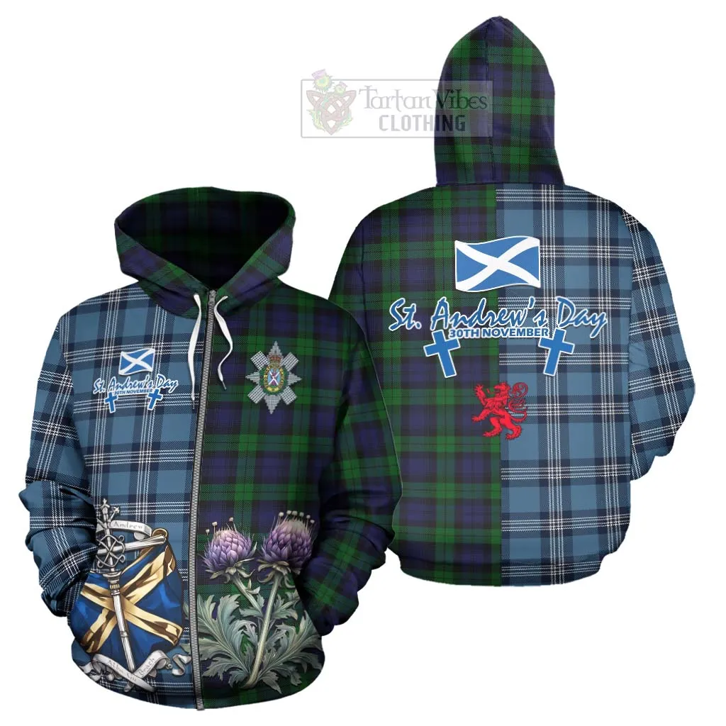 Black Watch Tartan Hoodie Happy St. Andrew's Day Half Tartan Style