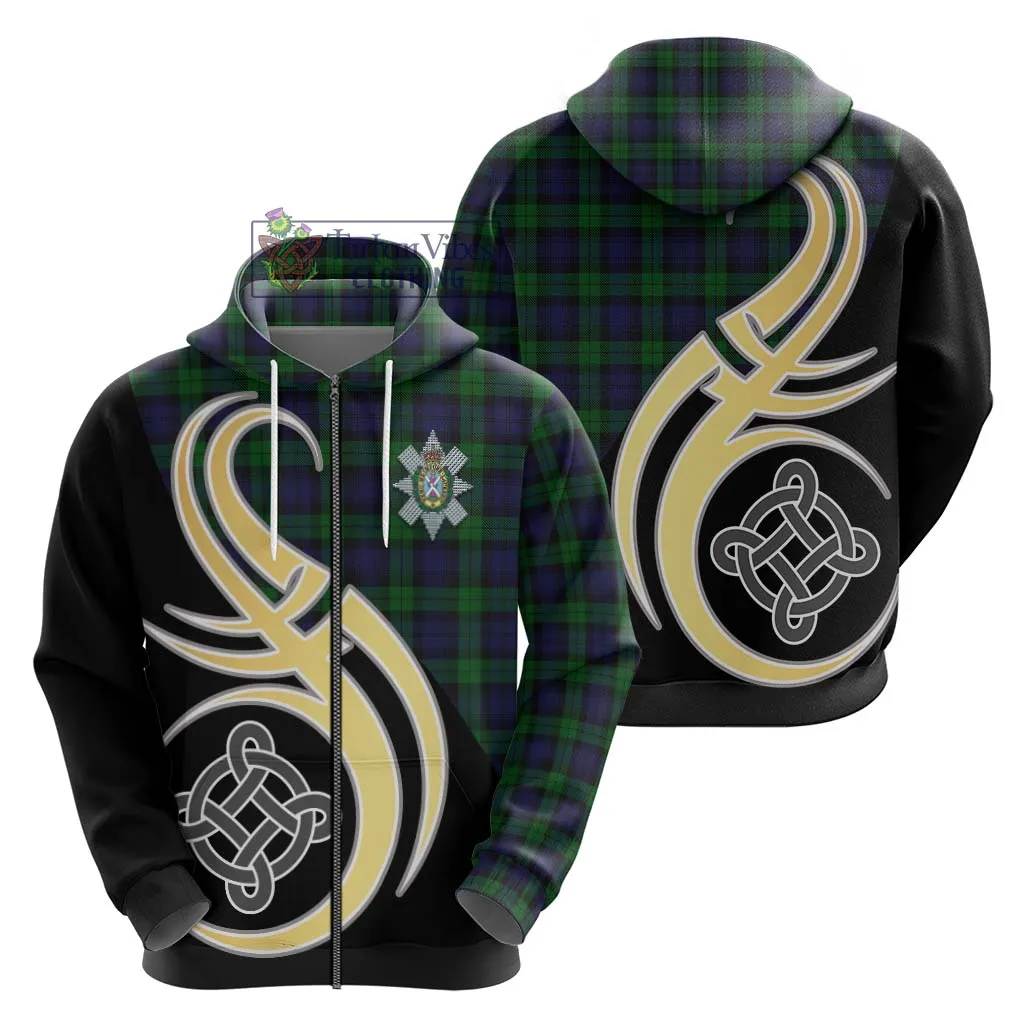 Black Watch Tartan Hoodie with Family Crest and Celtic Symbol Style