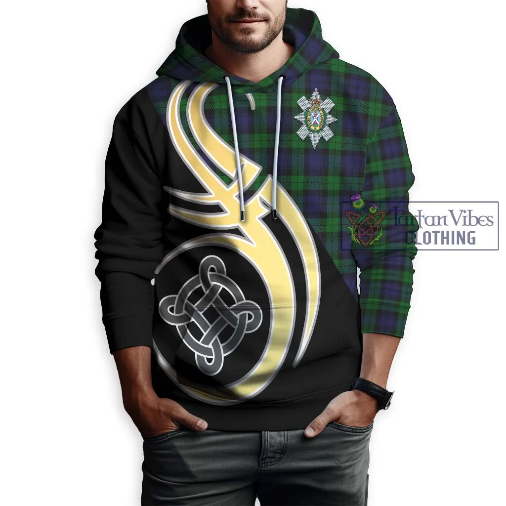 Black Watch Tartan Hoodie with Family Crest and Celtic Symbol Style