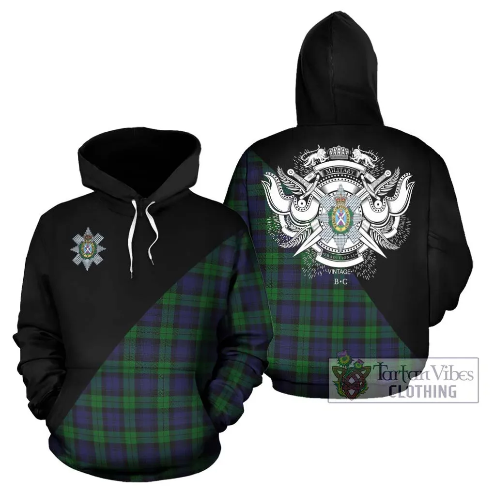 Black Watch Tartan Hoodie with Family Crest and Military Logo Style