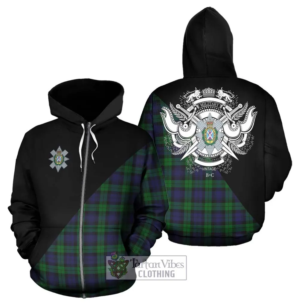 Black Watch Tartan Hoodie with Family Crest and Military Logo Style