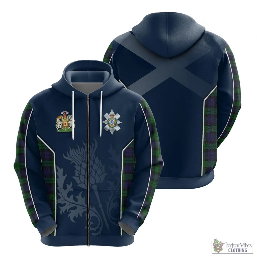 Black Watch Tartan Hoodie with Family Crest and Scottish Thistle Vibes Sport Style