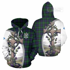 Black Watch Tartan Hoodie with Family Crest and St. Andrew's Cross Accented by Thistle Vines