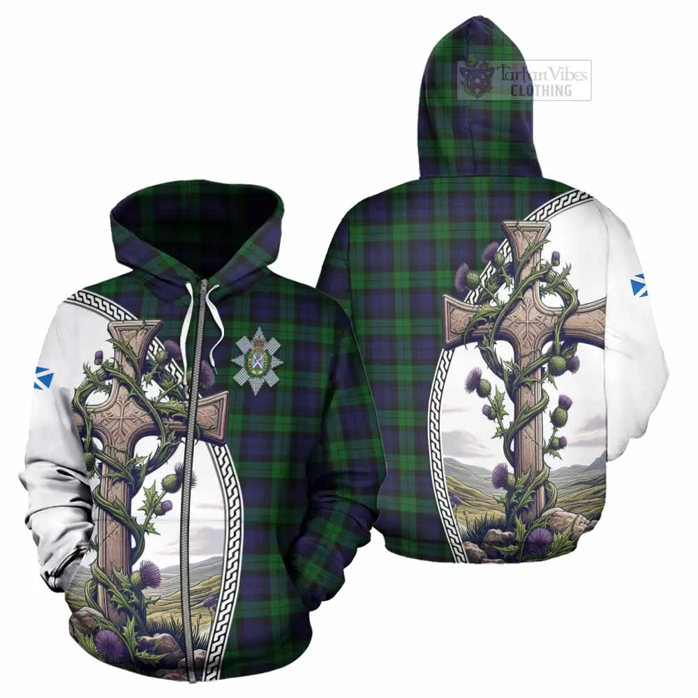 Black Watch Tartan Hoodie with Family Crest and St. Andrew's Cross Accented by Thistle Vines