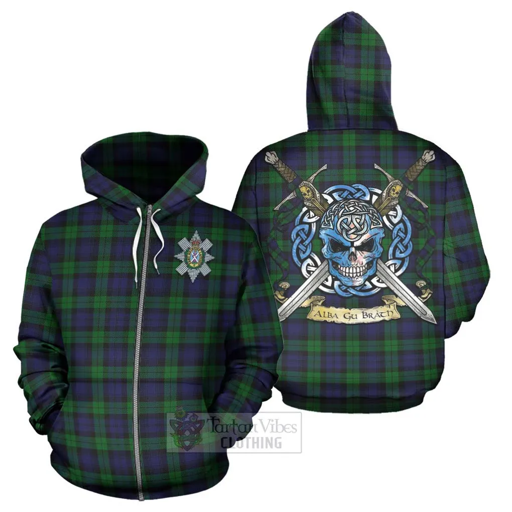 Black Watch Tartan Hoodie with Family Crest Celtic Skull Style