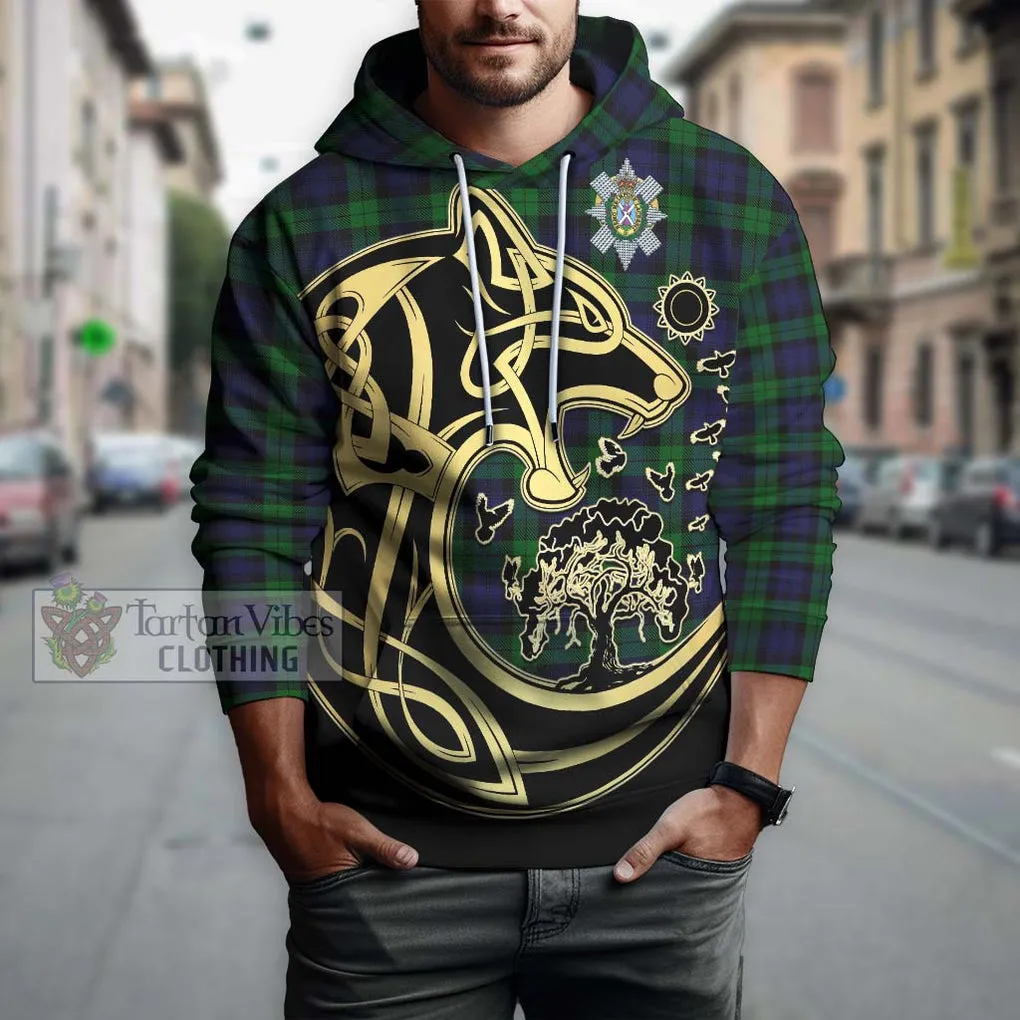 Black Watch Tartan Hoodie with Family Crest Celtic Wolf Style