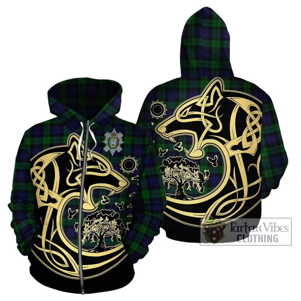 Black Watch Tartan Hoodie with Family Crest Celtic Wolf Style