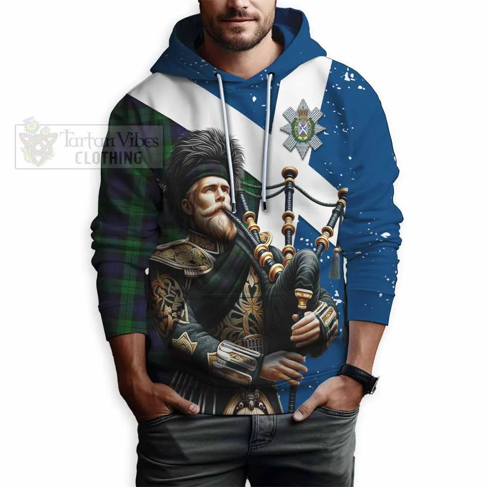 Black Watch Tartan Hoodie with Family Crest Scottish Bagpiper Vibes