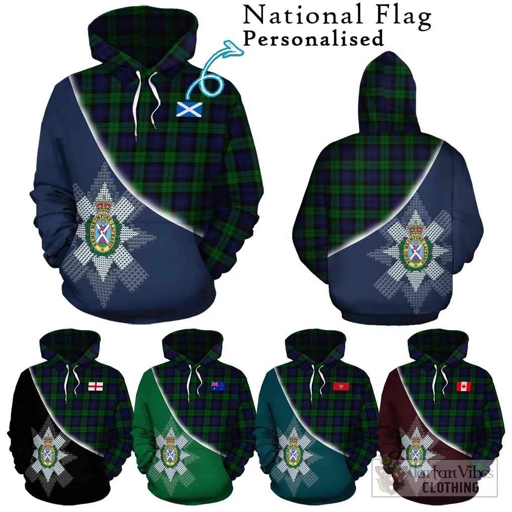 Black Watch Tartan Hoodie with Personalised National Flag and Family Crest Half Style