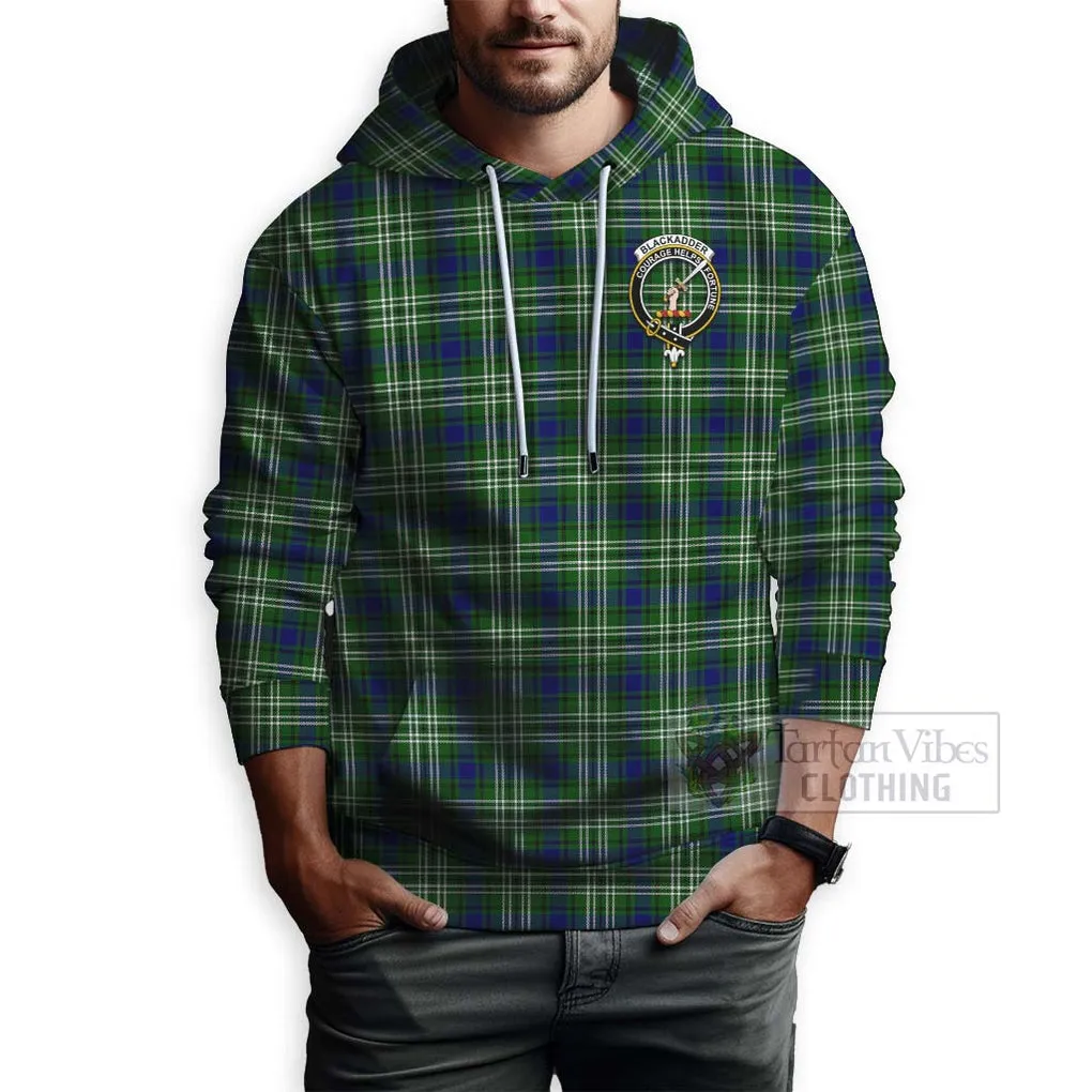 Blackadder Tartan Hoodie with Family Crest and Bearded Skull Holding Bottles of Whiskey