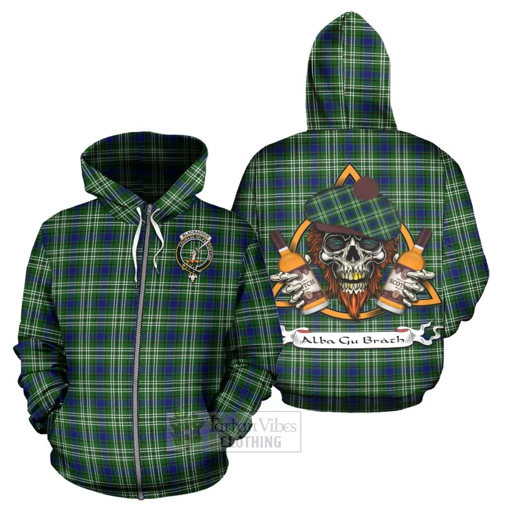 Blackadder Tartan Hoodie with Family Crest and Bearded Skull Holding Bottles of Whiskey