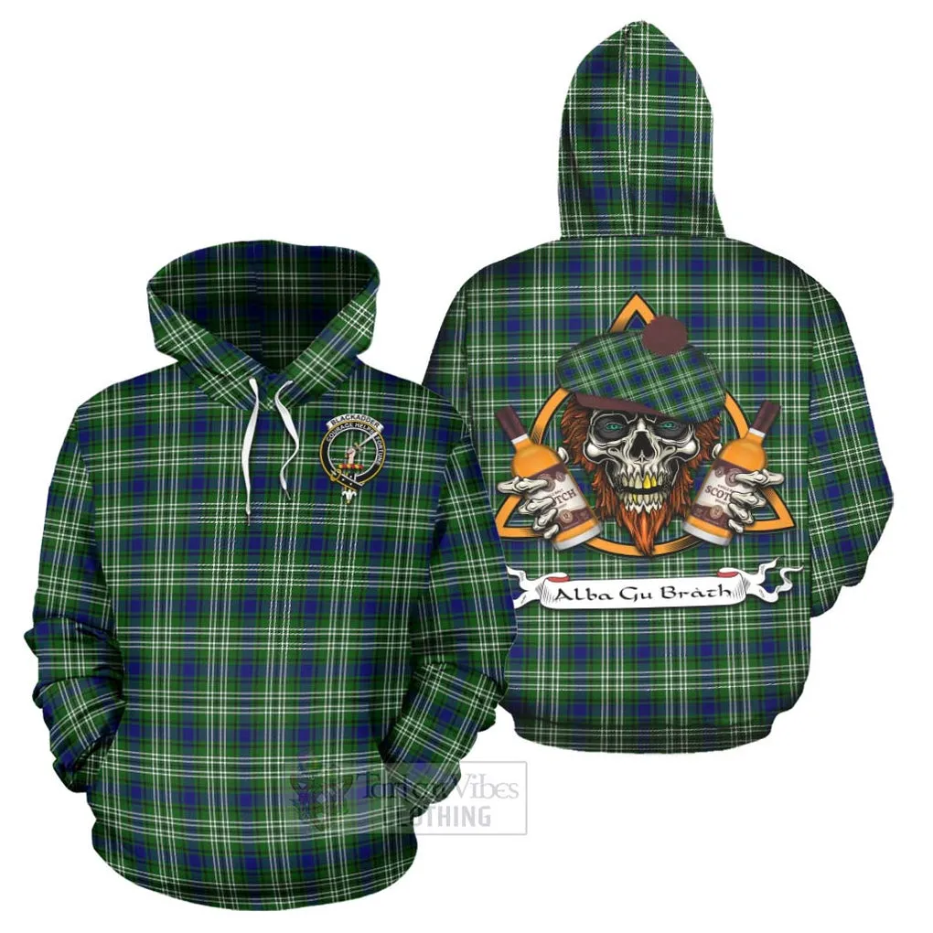 Blackadder Tartan Hoodie with Family Crest and Bearded Skull Holding Bottles of Whiskey