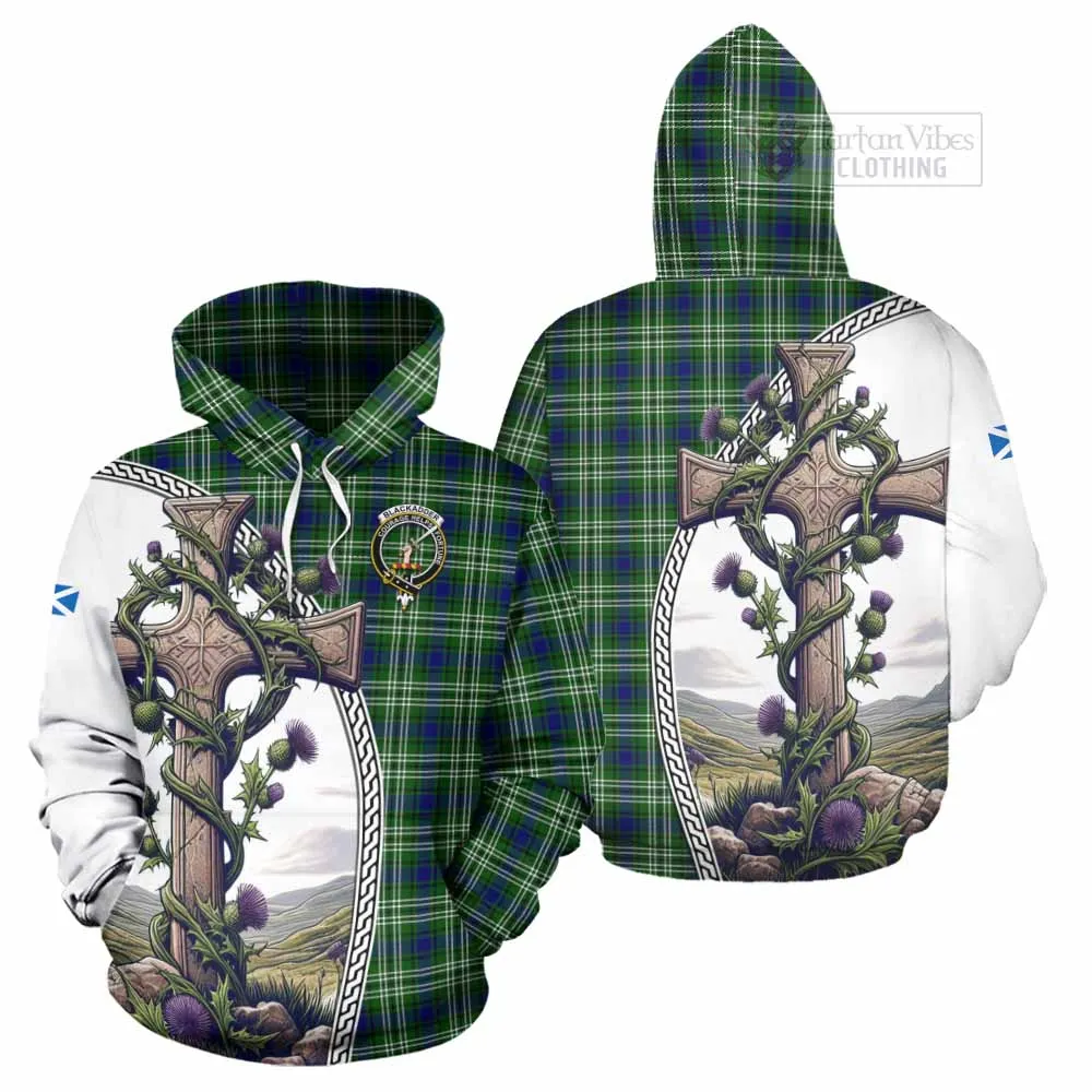 Blackadder Tartan Hoodie with Family Crest and St. Andrew's Cross Accented by Thistle Vines