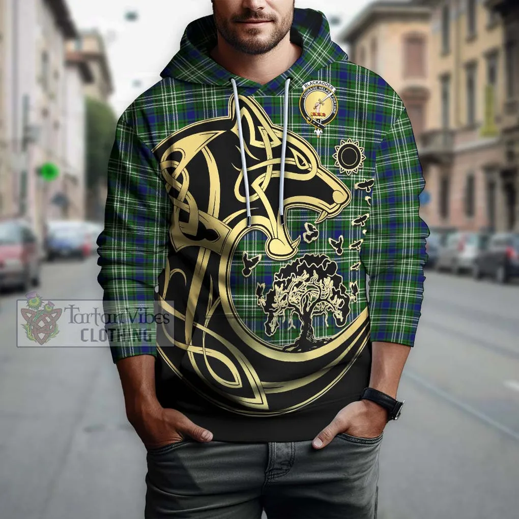 Blackadder Tartan Hoodie with Family Crest Celtic Wolf Style