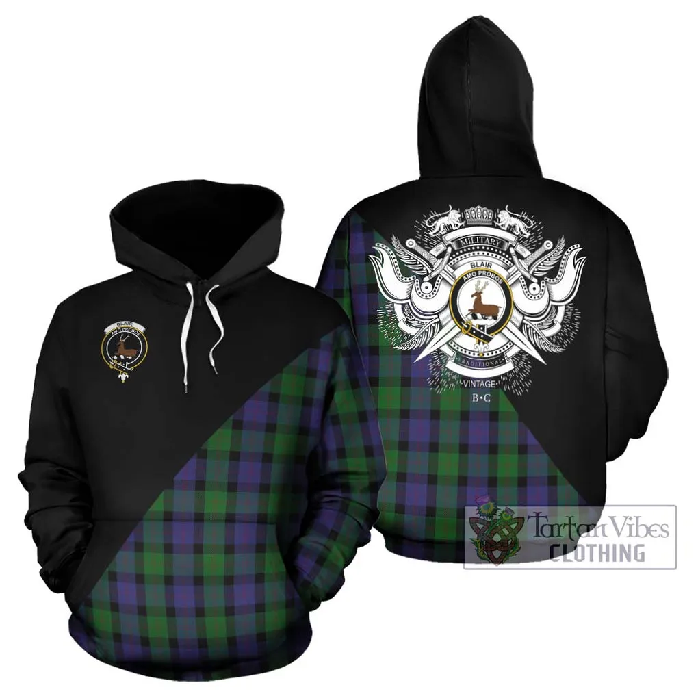 Blair Tartan Hoodie with Family Crest and Military Logo Style