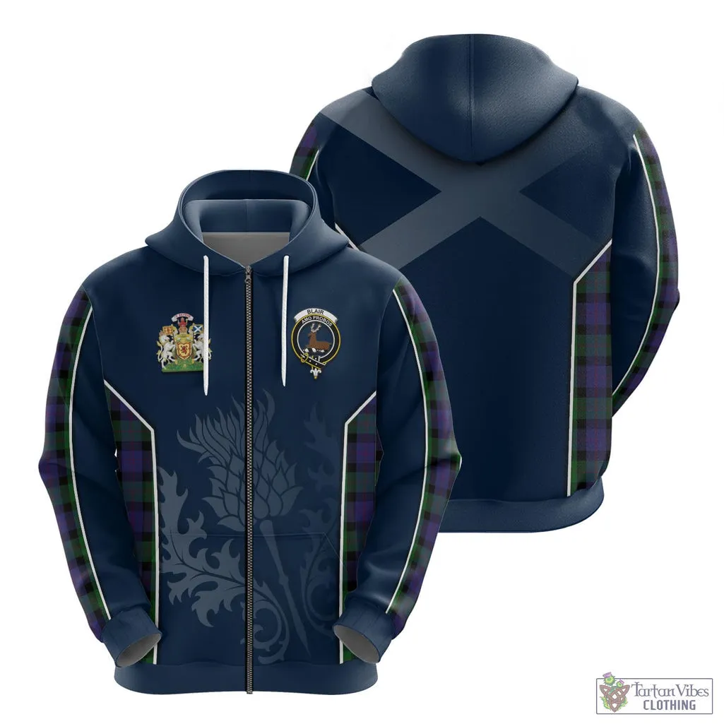 Blair Tartan Hoodie with Family Crest and Scottish Thistle Vibes Sport Style