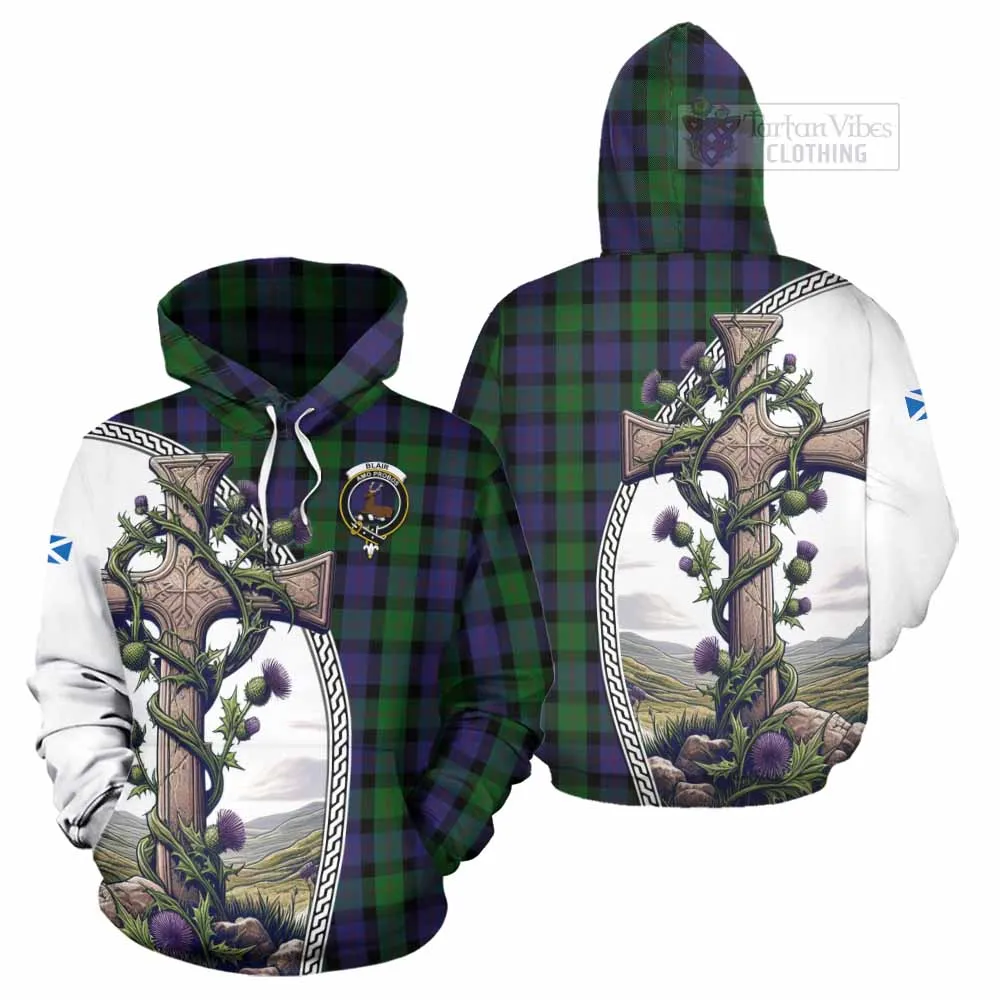 Blair Tartan Hoodie with Family Crest and St. Andrew's Cross Accented by Thistle Vines