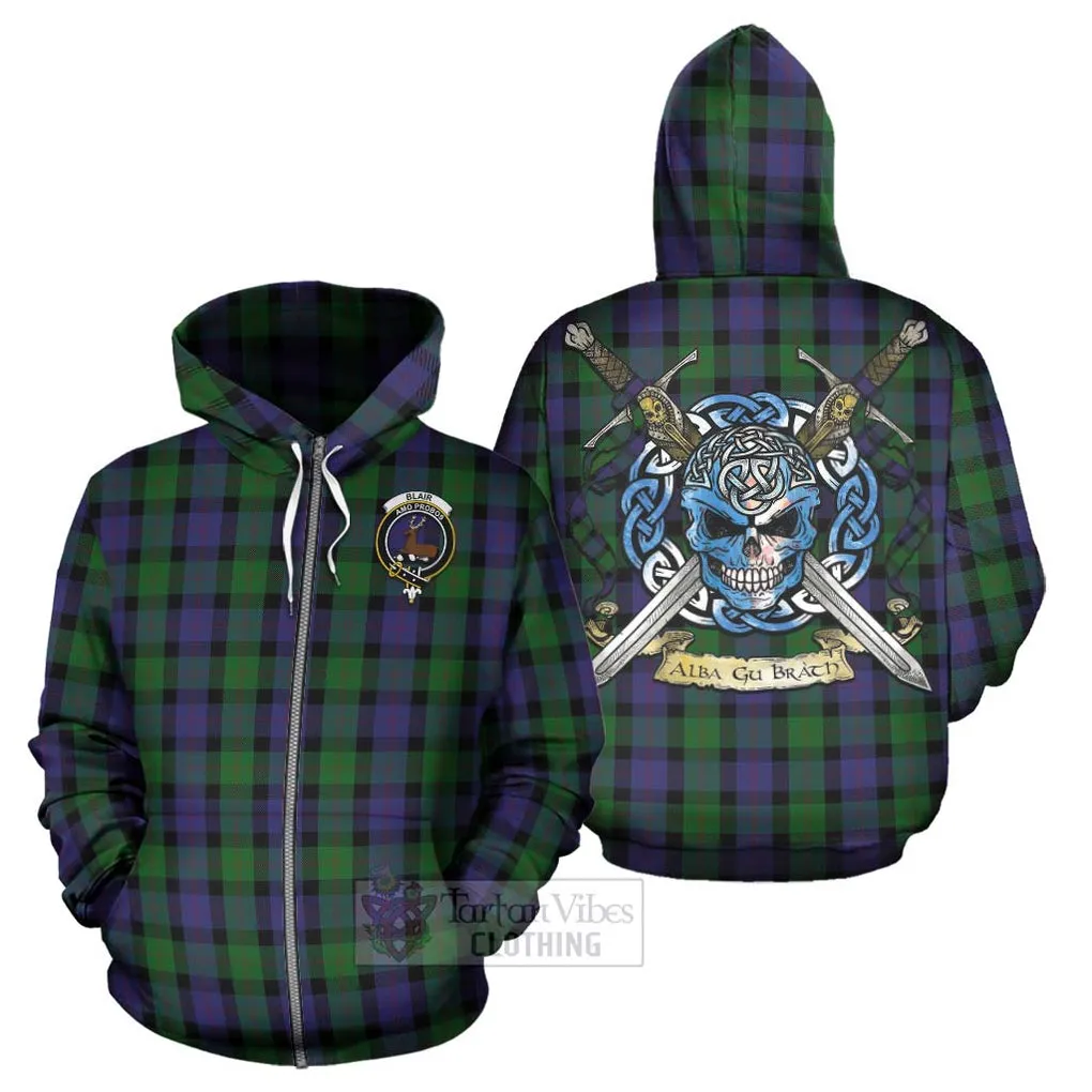 Blair Tartan Hoodie with Family Crest Celtic Skull Style