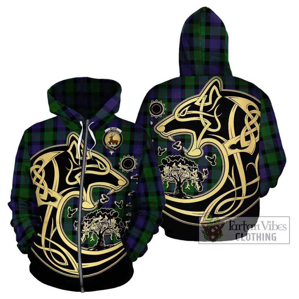 Blair Tartan Hoodie with Family Crest Celtic Wolf Style