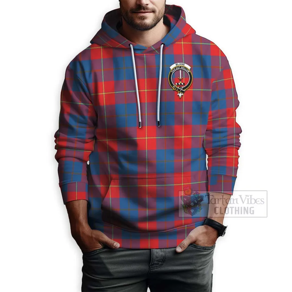 Blane Tartan Hoodie with Family Crest and Bearded Skull Holding Bottles of Whiskey