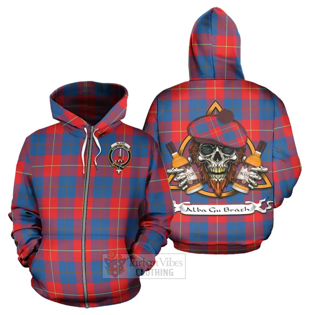 Blane Tartan Hoodie with Family Crest and Bearded Skull Holding Bottles of Whiskey