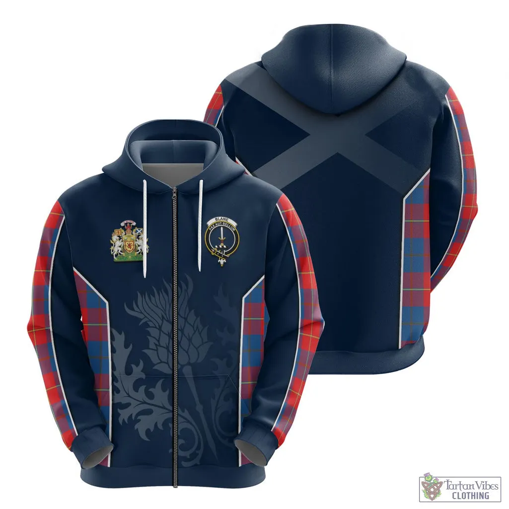 Blane Tartan Hoodie with Family Crest and Scottish Thistle Vibes Sport Style