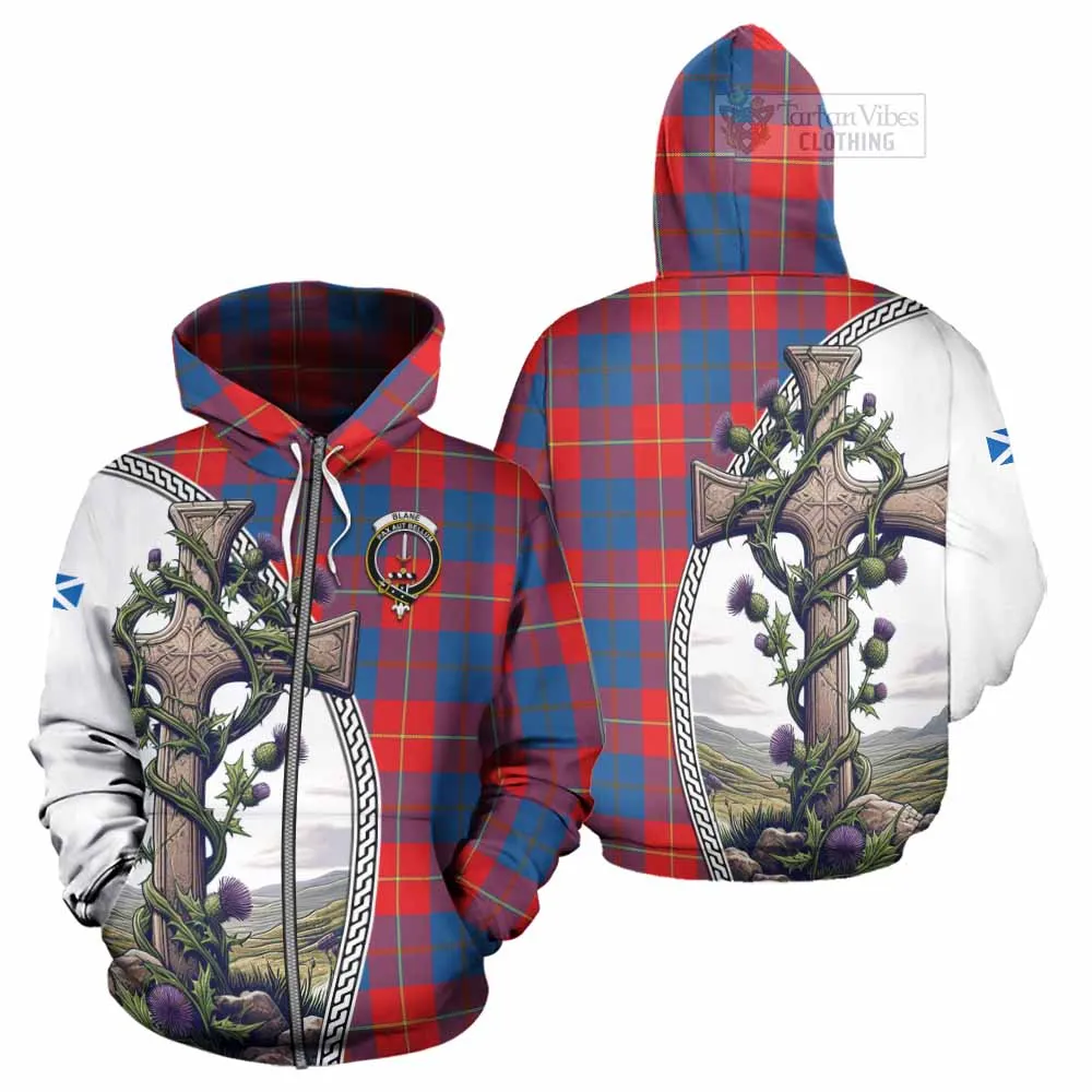 Blane Tartan Hoodie with Family Crest and St. Andrew's Cross Accented by Thistle Vines