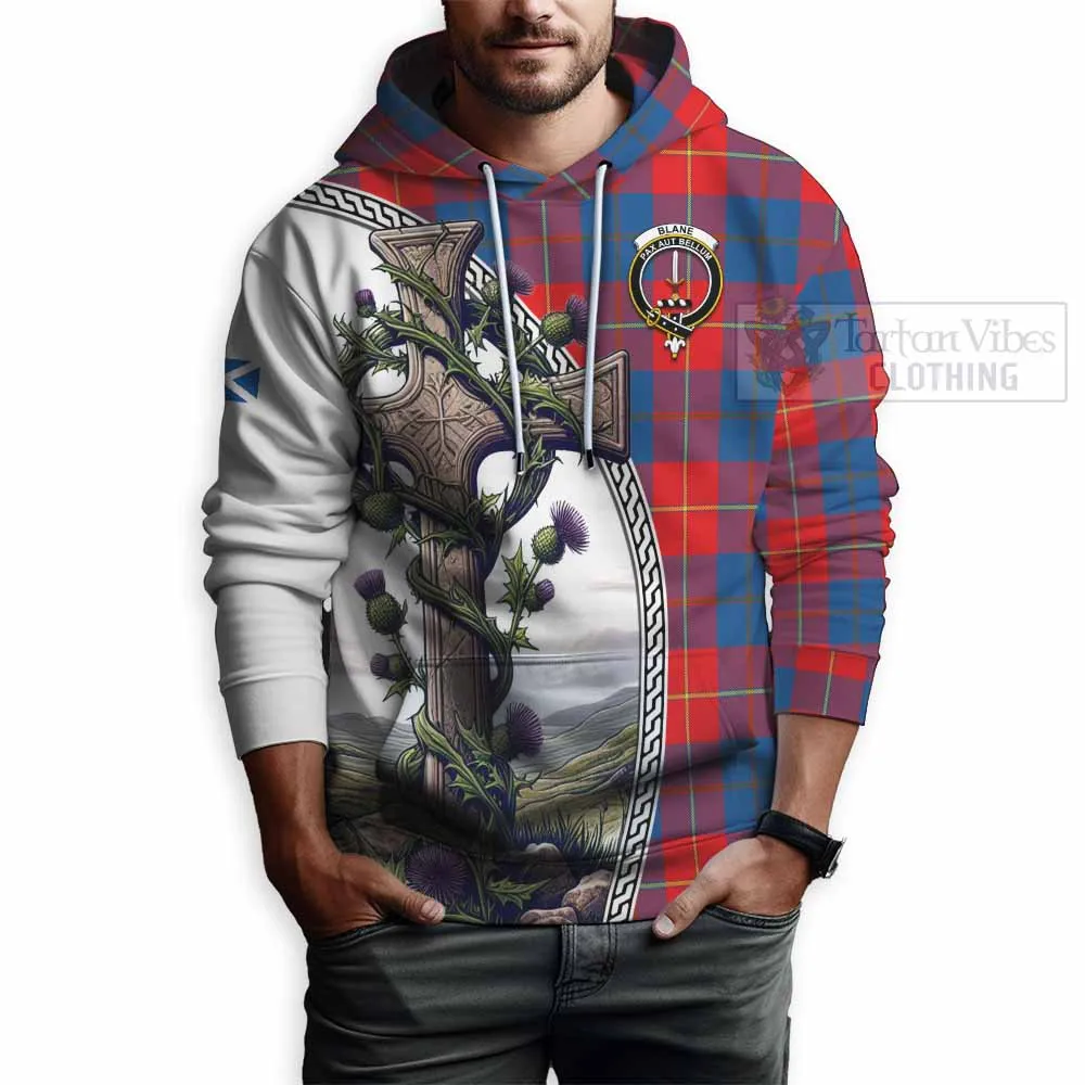 Blane Tartan Hoodie with Family Crest and St. Andrew's Cross Accented by Thistle Vines