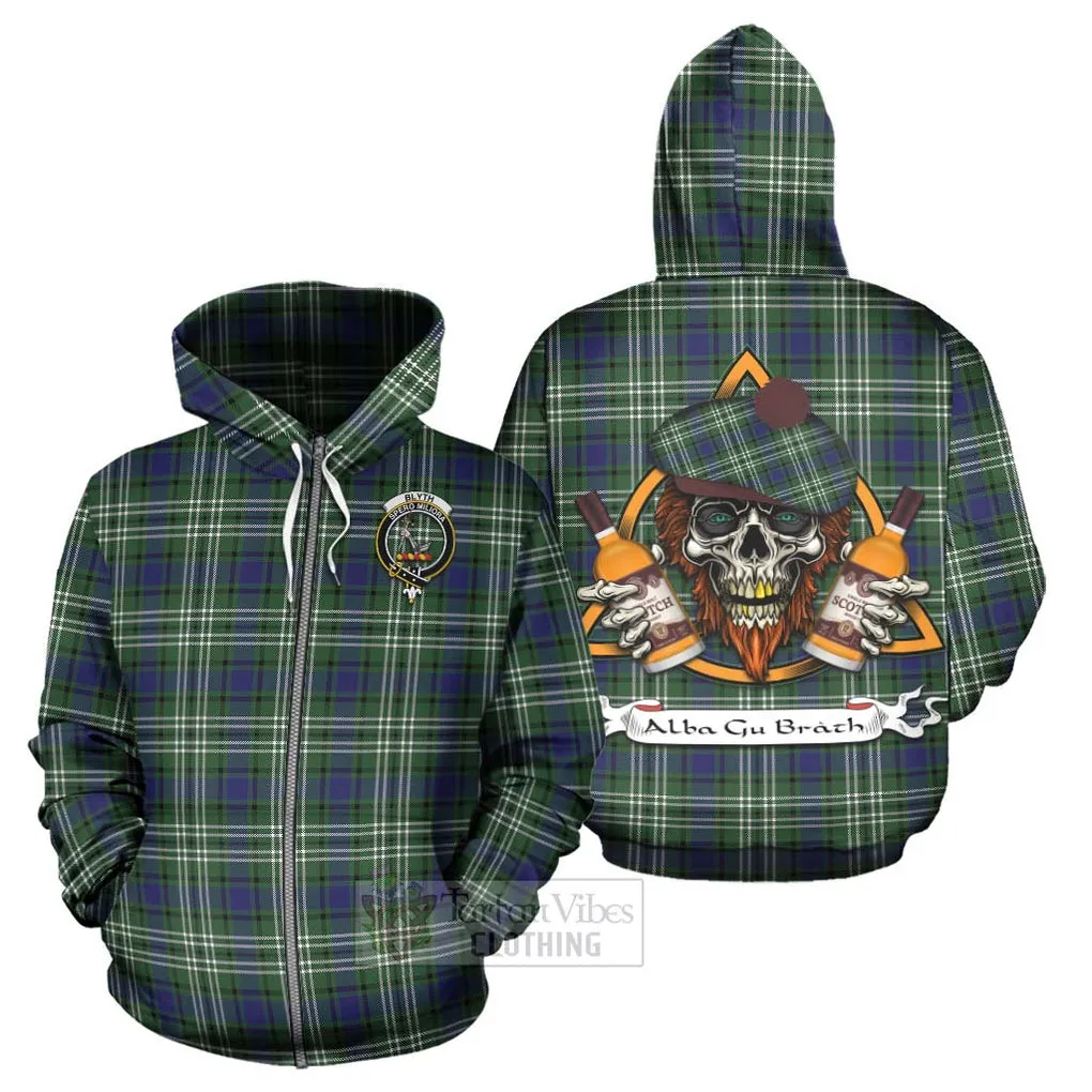 Blyth Tartan Hoodie with Family Crest and Bearded Skull Holding Bottles of Whiskey