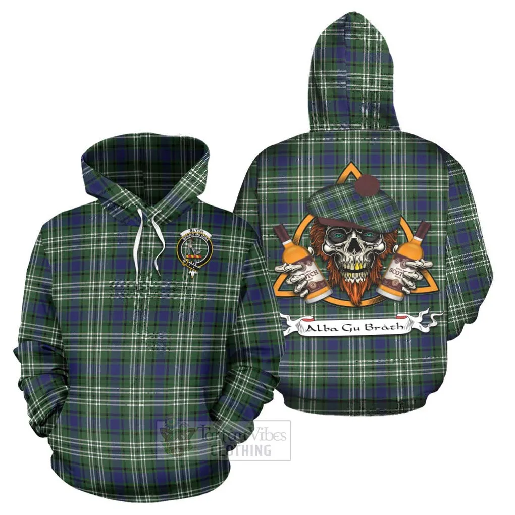 Blyth Tartan Hoodie with Family Crest and Bearded Skull Holding Bottles of Whiskey