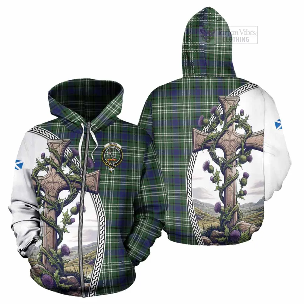 Blyth Tartan Hoodie with Family Crest and St. Andrew's Cross Accented by Thistle Vines