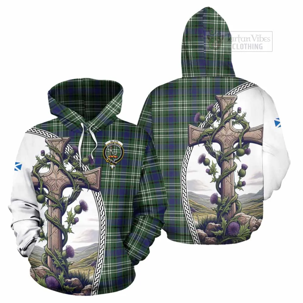 Blyth Tartan Hoodie with Family Crest and St. Andrew's Cross Accented by Thistle Vines