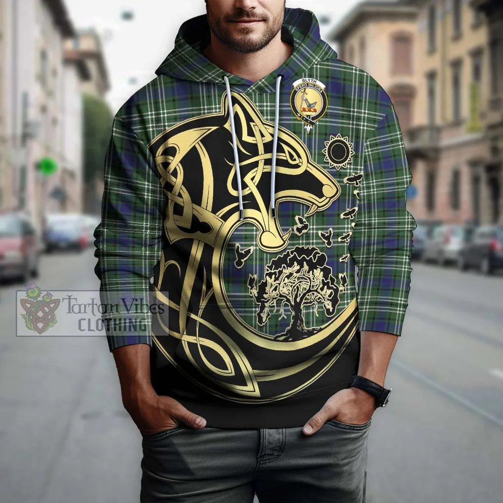 Blyth Tartan Hoodie with Family Crest Celtic Wolf Style