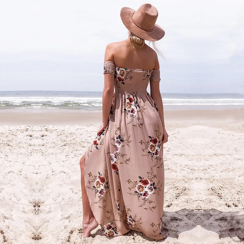 Boho Off Shoulder Floral Print Vintage Dress