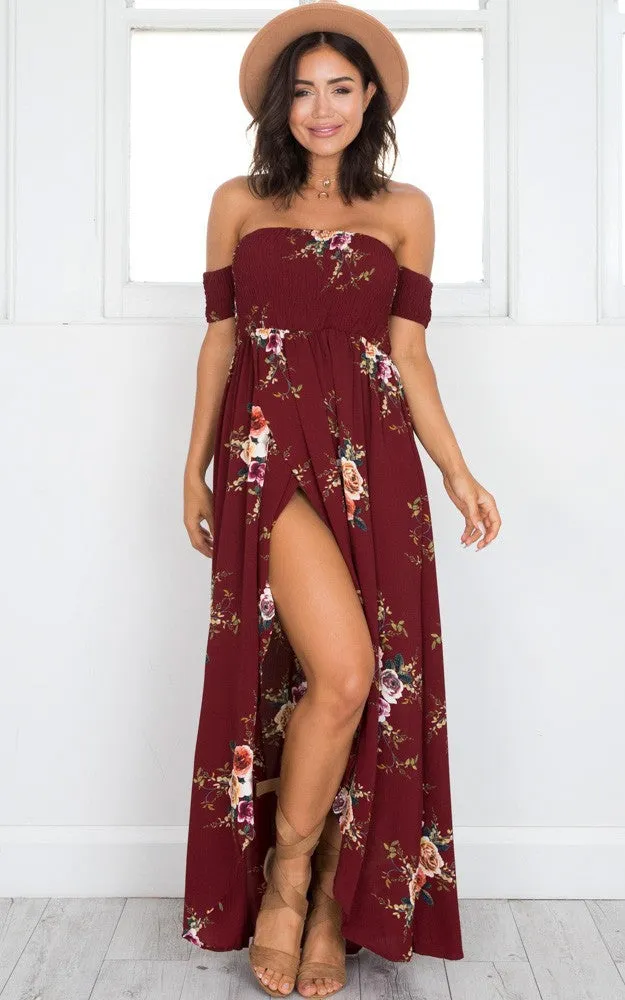 Boho Off Shoulder Floral Print Vintage Dress