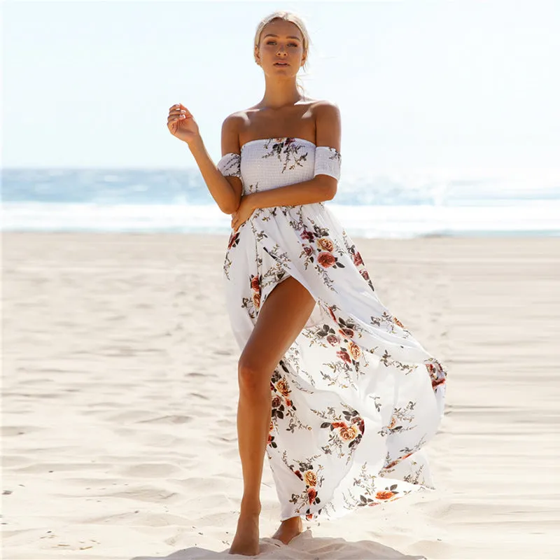 Boho Off Shoulder Floral Print Vintage Dress