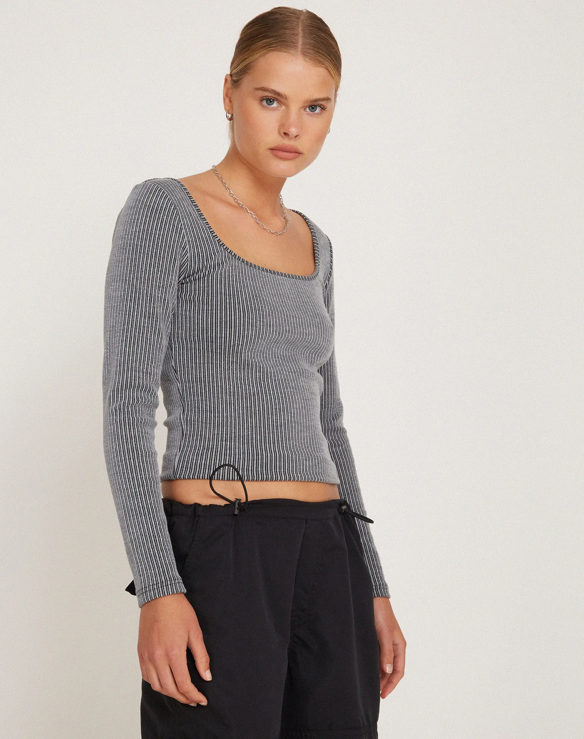 Bonlo Long Sleeve Top in Two Tone Rib Grey